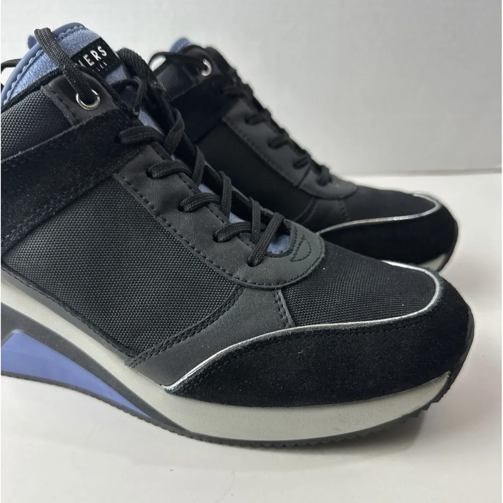 Skechers Million High N Fly Wedge Sneakers Women's Size 11 Black Blue Lace Shoes - Picture 9 of 15